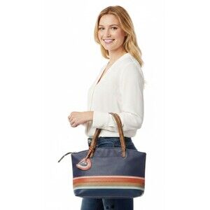 Relic by Fossil Oh Happy Day Tote Bag Navy Blue Striped Faux Leather Boho Purse